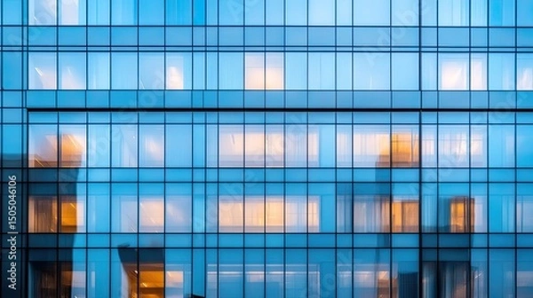 Obraz A close up view of a modern building facade with glass windows and visible interior lighting