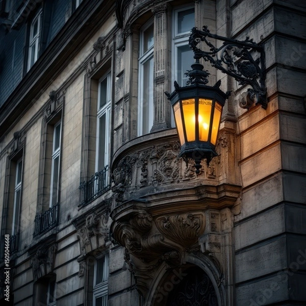 Obraz Historical building facade illuminated by a vintage lantern, showcasing intricate architectural details.