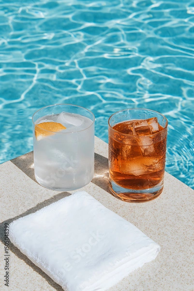 Fototapeta Refreshing poolside drinks beckon. Ice-cold beverages next to the pool create a relaxing summer vibe. Cool off with a drink near shimmering water.