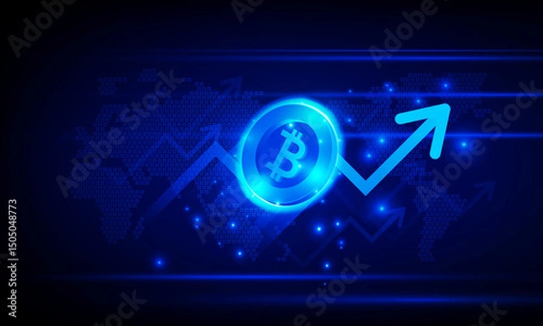 Fototapeta Financial chart with moving up arrow graph bitcoin cryptocurrency technology and world map in stock market on blue color background concept innovation background, vector design