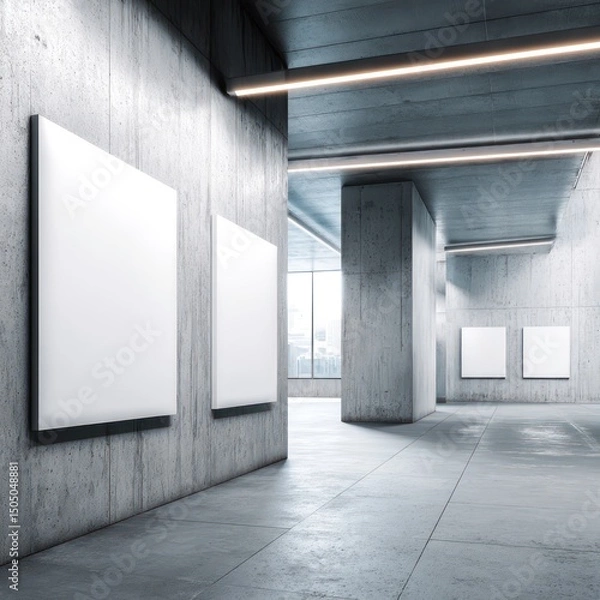 Obraz Stylish home office with concrete finishes, whiteboard frames, and a modern desk for efficiency.