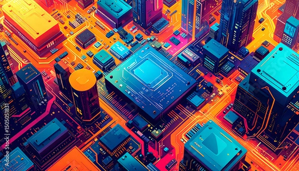Fototapeta Digital artwork of a stylized integrated circuit board, high-tech elements in vibrant colors, abstract tech pattern