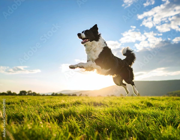Obraz Energetic border collie jumping in mid-flight, grassy field