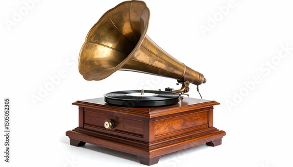 Obraz Studio photo of a 1940s wooden gramophone with a large horn speaker