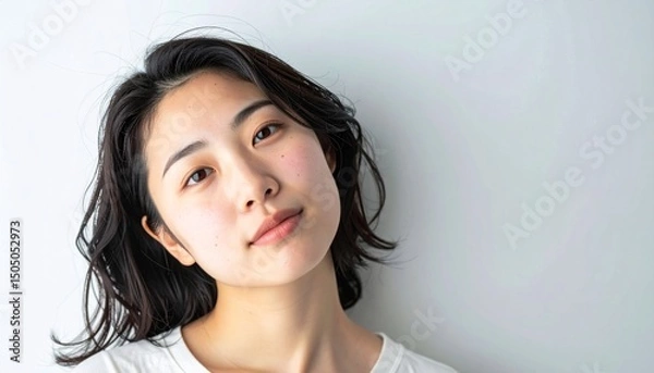 Fototapeta 首を軽く傾け、クールに見つめる日本人女性。シンプルな白から淡いグレーのマットグラデーション背景とともに、現代的でスタイリッシュな印象を与えるポートレート