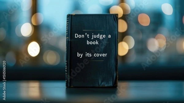 Fototapeta An inspiring quote saying "Don't judge a book by its cover" placed on a tattered book cover in a cozy urban setting during twilight hours