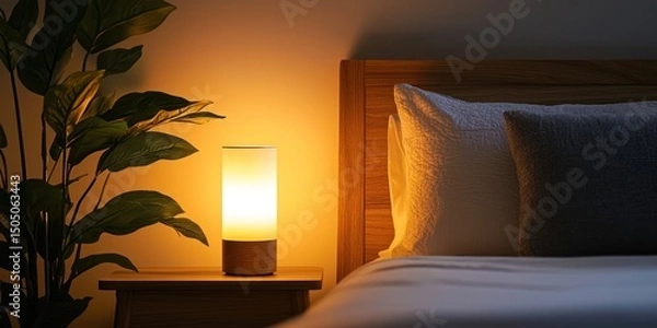 Fototapeta Minimal smart bedside lamp with warm LED on white background