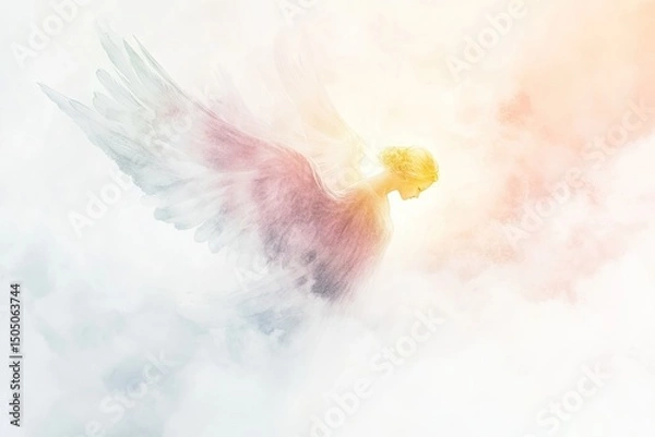 Fototapeta Angel in flight, clouds, heavenly scene