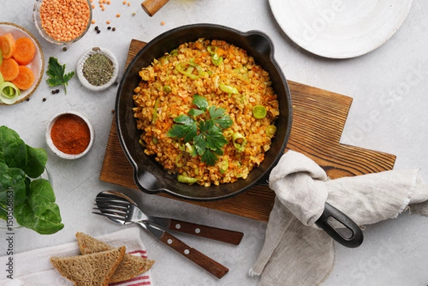 Obraz red lentil leek and carrot dish - delicious vegetarian food on white background with ingredients, top view