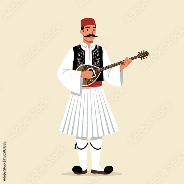 Fototapeta Man Playing Stringed Instrument in Traditional Dress with Mustache Illustration