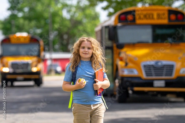 Fototapeta Back to school. School day starts for young student. Kid student with backpack near school bus. Kid go to school. Child going to class. Schoolchild.