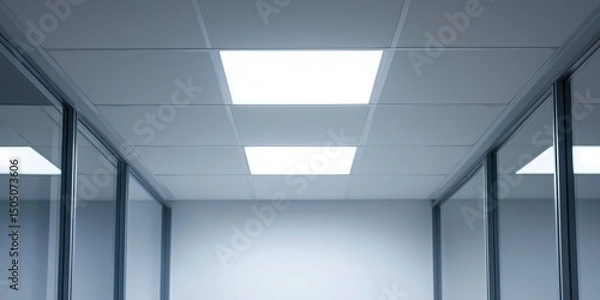 Fototapeta Recessed flat LED panel light in white casing on white background
