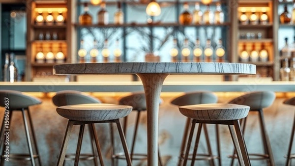 Fototapeta Counter-Height Bar Table Mockup with High Stools and Soft Focus Cocktail Bar Background with Glowing Bottles and Warm Lighting