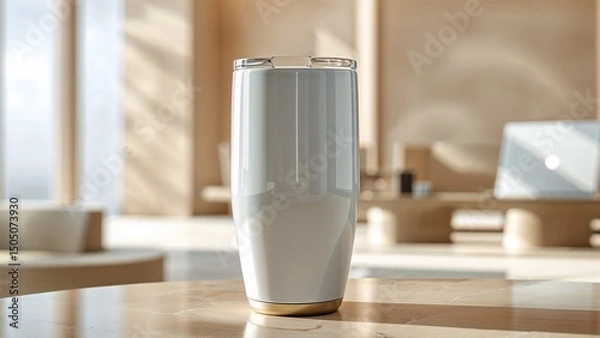 Fototapeta High-Gloss Tumbler on Marble Reception Counter with Blurred Laptop and Coffee Table Decor