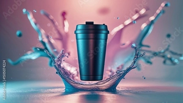 Fototapeta Colorful Travel Mug Floating with Dynamic Water Splash on Pastel Gradient Background