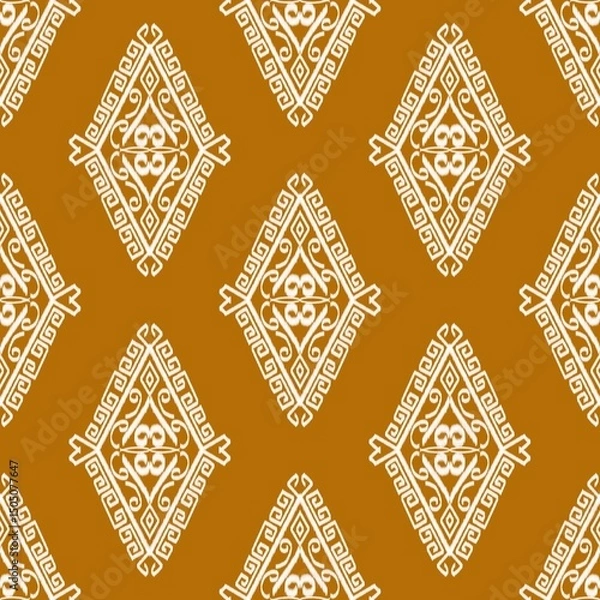 Obraz Geometric pattern featuring white ornate diamond shapes on a brown background. 