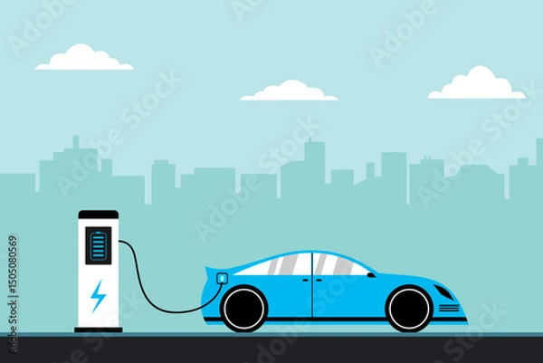 Fototapeta Modern Blue Electric Car at Charging Station, behind it city silhouette