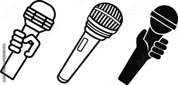 Fototapeta Singer Hand with Microphone Minimalist Black Icon Design, Mic in Hand Black Silhouette Vector Illustration, Hand Holding Microphone Silhouette Icon on White Background.