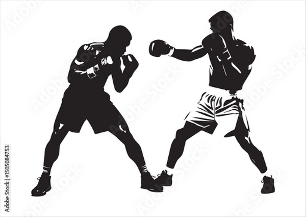 Obraz Two Boxers in Fighting Stance - Dynamic Black and White Silhouette Illustration
