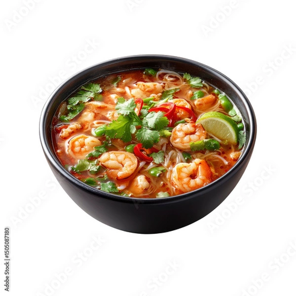 Fototapeta Delicious Spicy Tom Yum Soup with Shrimp, Rice Noodles, and Cilantro in a Black Bowl