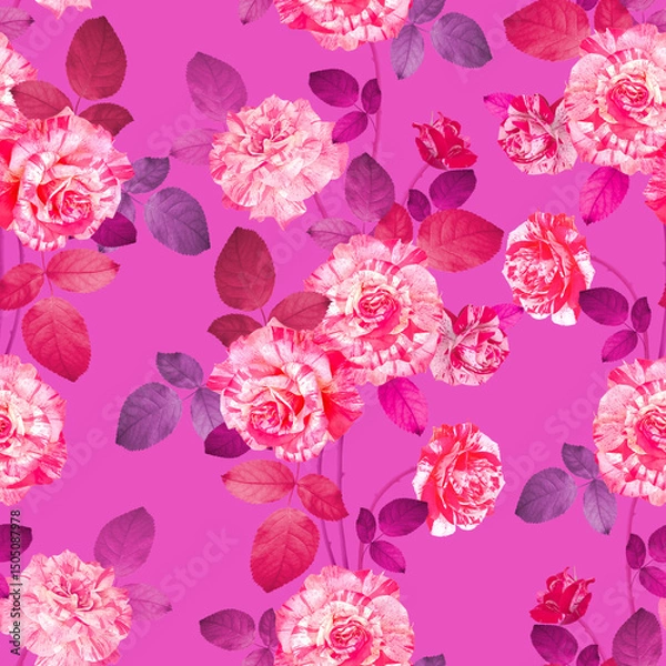 Fototapeta Luxurious garden flowers on vibrant background. Floral seamless pattern.