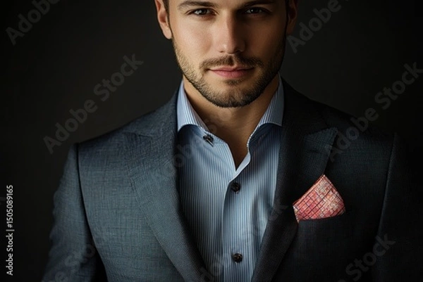 Fototapeta A businessman, confident and dapper, wearing a tailored suit with a stylish pocket square, radiating a strong sense of personal style.