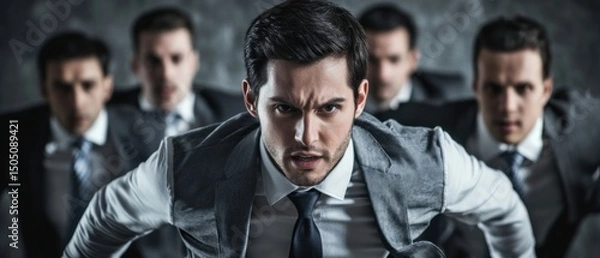 Fototapeta A businessman confidently leading a team through a challenging project, showcasing determination and leadership.
