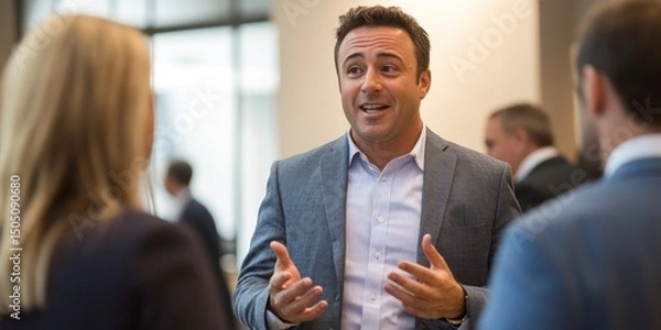 Fototapeta A businessman engaged in a lively discussion with colleagues at a networking event, showcasing charisma and approachability.