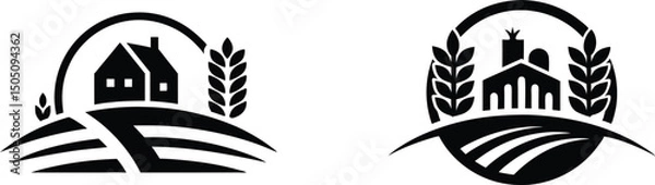 Fototapeta Rural Agriculture Landscape Vector Emblem Design, Minimal Farm Field Silhouette with House and Wheat Vector, Black Silhouette Farmhouse Logo Icon on White Background.