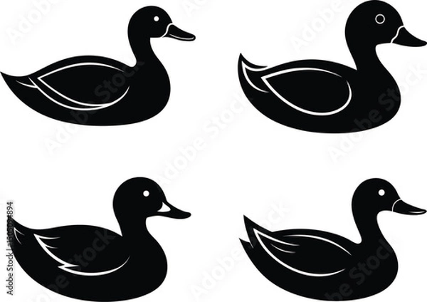 Fototapeta Set of Duck Silhouette Icons in Solid Black Vector, Minimal Duck Animal Icon Collection for Wildlife and Nature Design, Floating Duck Black Silhouettes Isolated on White Background.