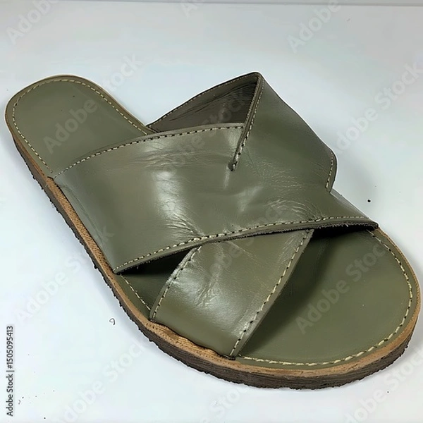 Fototapeta Elegant olive-green leather slide sandal featuring a stitched cross design