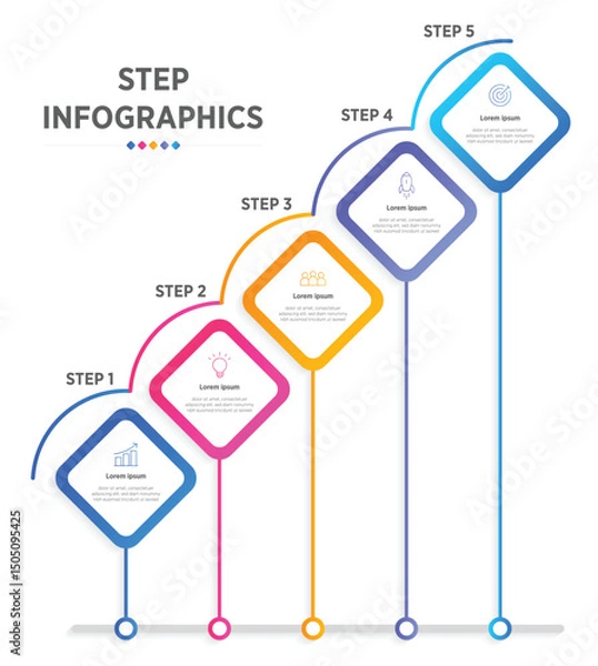 Fototapeta Modern Horizontal progress bar featuring 5 shaped elements, symbolizing the five stages of business strategy and progression. Clean timeline infographic design template. Vector for presentation