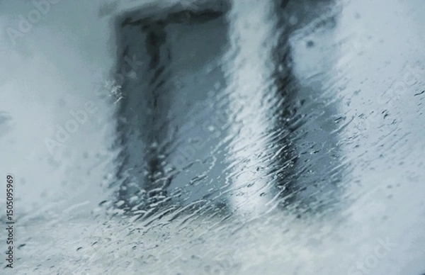 Fototapeta Abstraktes Motiv mit Regenwassermuster auf Glasscheibe vor weißer Hauswand mit Fenster von Wohnhaus in Stadt bei Regen am Abend im Frühling