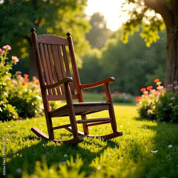 Obraz Wooden rocking chair placed on green grass in a blooming garden, natural style, soft sunlight background, concept of relaxation and tranquility