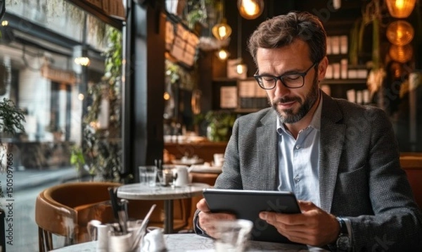 Fototapeta A businessman, relaxed yet focused, working on a tablet in a contemporary coffee shop, surrounded by natural light and a stylish ambiance.