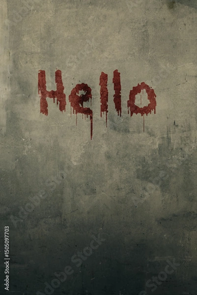 Fototapeta Art shabby grey plastered wall with the inscription hello in blood, copy space, vertical image.
