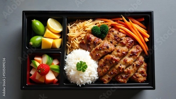 Fototapeta Healthy Bento Box Lunch with Rice, Meat, Vegetables, and Fruit