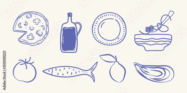 Obraz Hand drawn italian food set in doodle style. Chalk crayon sketch dish with pizza, pasta, bottle, tomato, oyster, fish, italy ingredients. Charcoal collection of dinners for menu. Vector illustration.