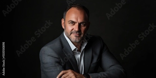 Fototapeta A charismatic businessman in a sleek, modern suit, confidently posing for a portrait, radiating charm and confidence.