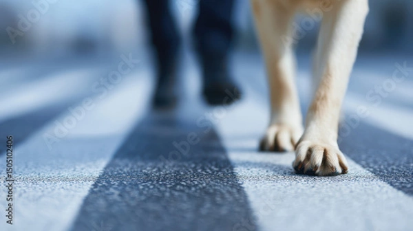 Fototapeta Closeup photo of guide dog leading blind person across crosswalk city street, emphasizing trust and guidance urban environment