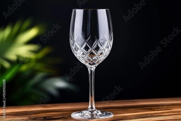 Obraz Elegant crystal wine glass with intricate cut patterns on wooden surface, illuminated by warm golden light for a sophisticated ambiance