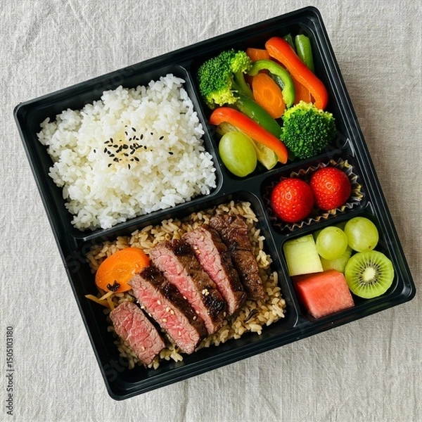 Fototapeta Healthy Bento Box Lunch with Rice, Meat, Vegetables, and Fruit