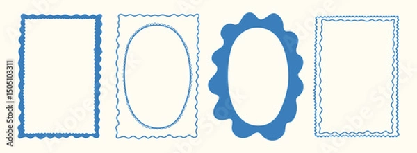 Obraz Hand drawn Italian postcard stamp set. Vintage Italy summer doodle border set. Whimsical minimal blue frames for menu, wedding, prints, invitation. Coastal vacation Isolated Vector illustration.