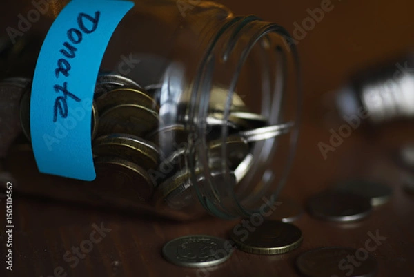 Obraz Spilled Donation Jar Filled with Coins on Wooden Surface