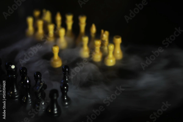 Obraz Moody Chess Set with Misty Background - Strategic and Artistic Board Game Scene