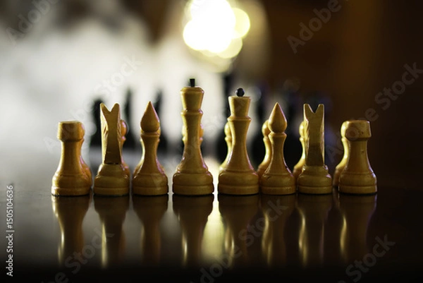 Obraz Strategic Chess Game with Golden Chess Pieces in Focus and Defocused Background
