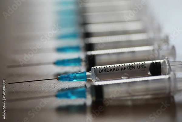 Obraz Row of Medical Syringes with Blue Needle Caps Highlighting Single-Use Instructions