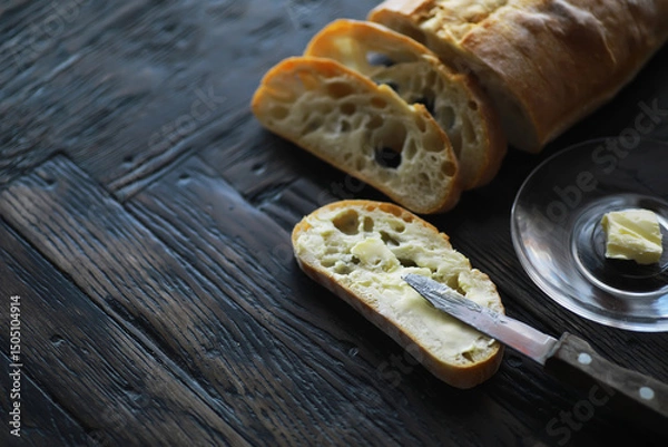 Obraz Freshly Sliced Artisan Bread with Butter on a Rustic Wooden Table
