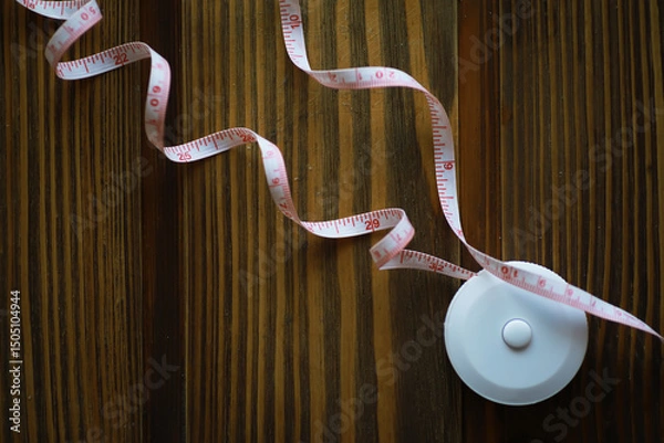 Obraz Curled Measuring Tape on Wooden Surface for Sewing and Craft Projects
