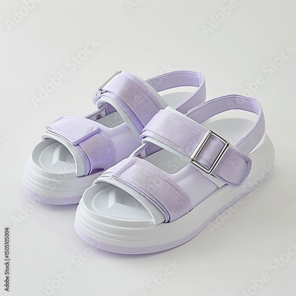 Fototapeta Pair of trendy platform sandals with lilac straps on white background